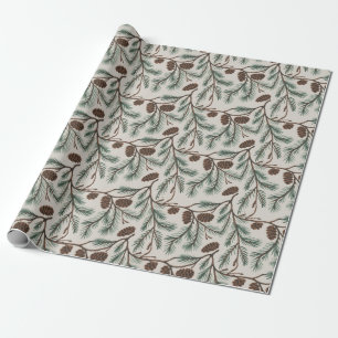 Trendy Merry Christmas Pine Cones and Branches Wrapping Paper