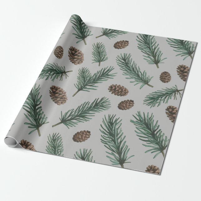 Trendy Merry Christmas Pine Cones and Branches     Wrapping Paper (Unrolled)
