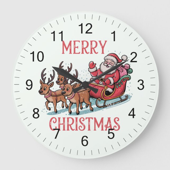 Trendy Merry Christmas Santa Sleigh Reindeer       Large Clock (Front)