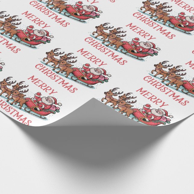 Trendy Merry Christmas Santa Sleigh Reindeer Wrapping Paper (Corner)