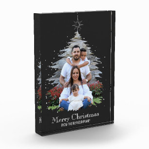 Trendy Merry Christmas Tree Silhouette Photo Grey Block