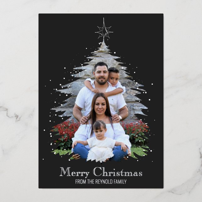 Trendy Merry Christmas Tree Silhouette Photo Grey Foil Holiday Card (Front)