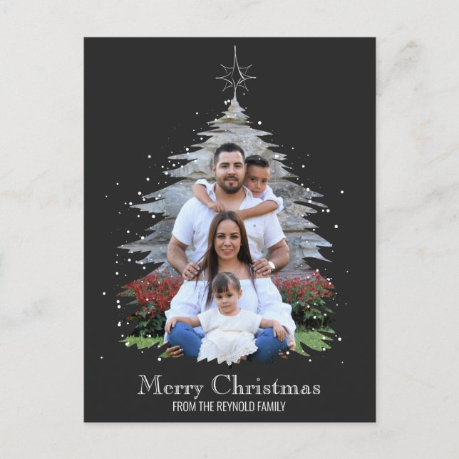 Trendy Merry Christmas Tree Silhouette Photo Grey Holiday Postcard (Front)