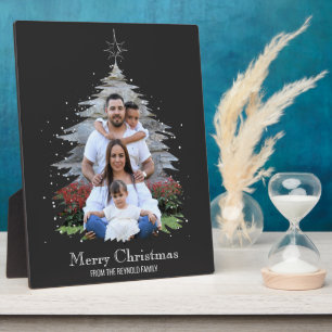 Trendy Merry Christmas Tree Silhouette Photo Grey Plaque