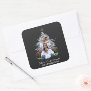 Trendy Merry Christmas Tree Silhouette Photo Grey Square Sticker