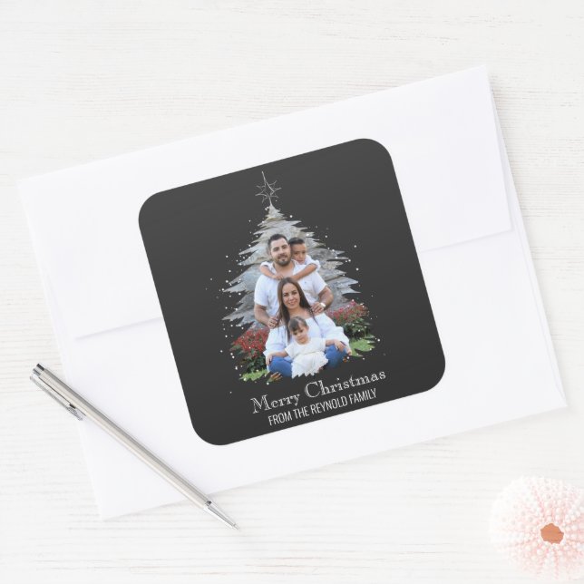 Trendy Merry Christmas Tree Silhouette Photo Grey Square Sticker (Envelope)