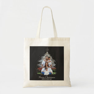 Trendy Merry Christmas Tree Silhouette Photo Grey Tote Bag