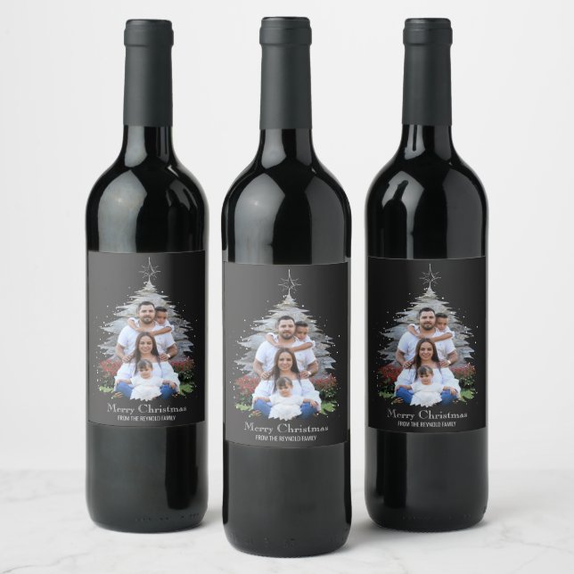 Trendy Merry Christmas Tree Silhouette Photo Grey Wine Label (Bottles)