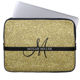 Trendy Metallic Glitter Gold Light Monogrammed  Laptop Sleeve