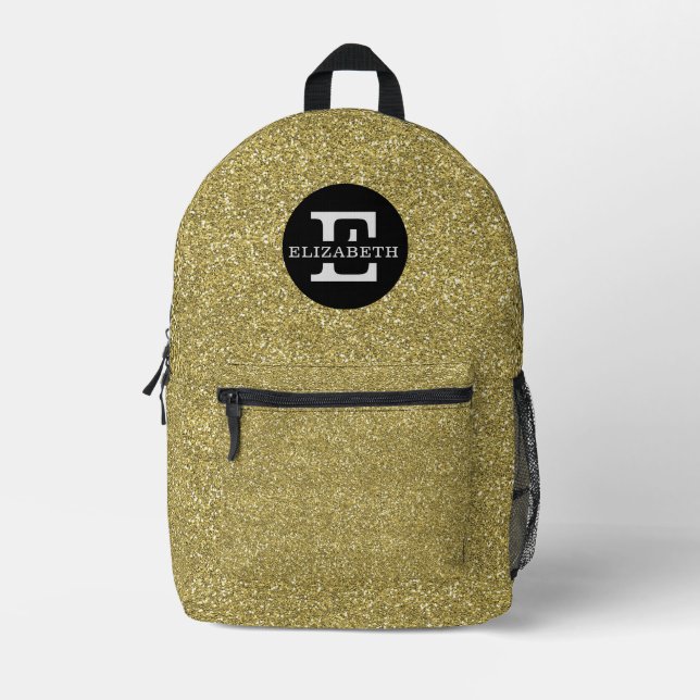 Trendy Metallic Glitter Gold Light Monogrammed  Printed Backpack (Front)