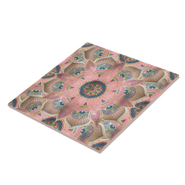 Trendy Metallic Gold and Pink Mandala Design Ceramic Tile (Side)