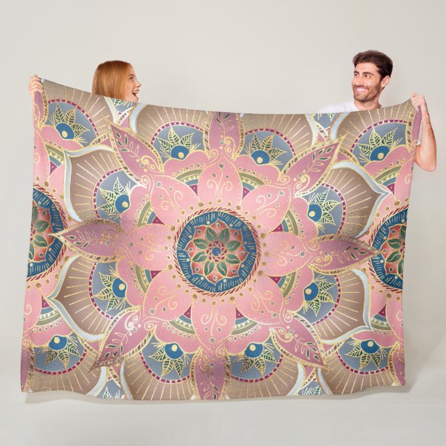 Trendy Metallic Gold and Pink Mandala Design Fleece Blanket (In Situ)