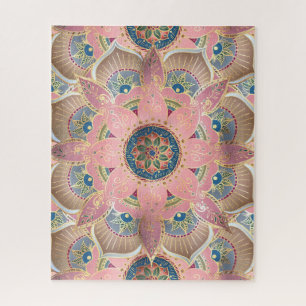 Trendy Metallic Gold and Pink Mandala Design Jigsaw Puzzle