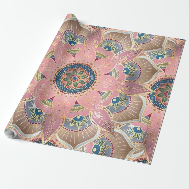 Trendy Metallic Gold and Pink Mandala Design Wrapping Paper (Unrolled)