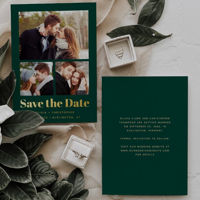 Trendy Minimal 3-Photo Green Gold Save the Date (Creator Uploaded)