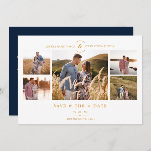 Trendy Minimal Navy/White 5 Multi Photos Collage Save The Date (Front/Back)
