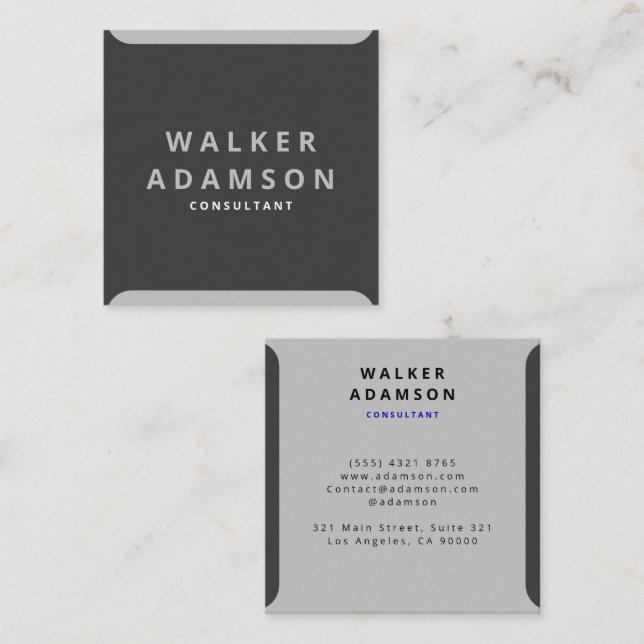 Trendy Minimal Silver & Matte Black Square Business Card (Front/Back)