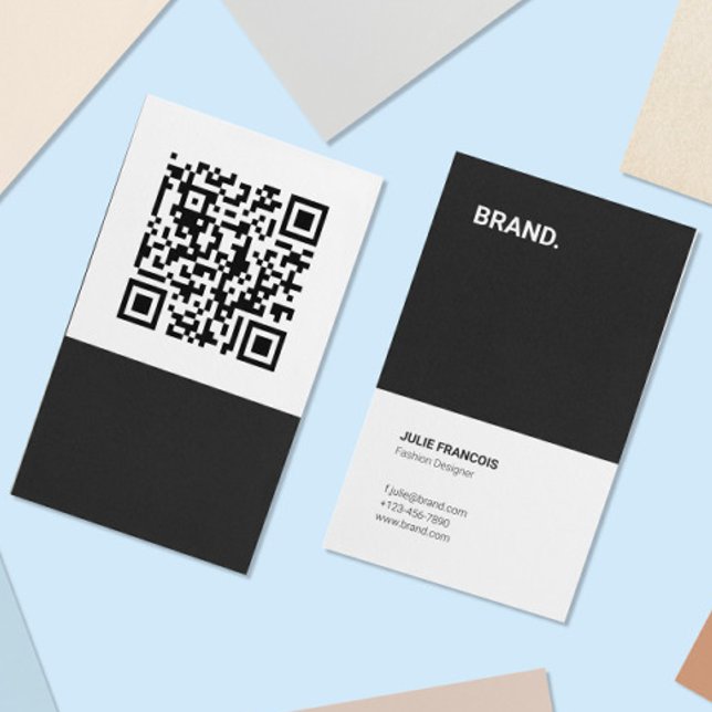 Trendy Minimalist Black White QR Code Vertical Business Card (Creator Uploaded)