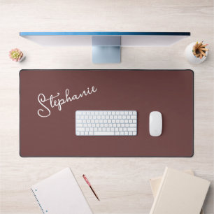 Trendy Minimalist Brown Script Personalised Name Desk Mat