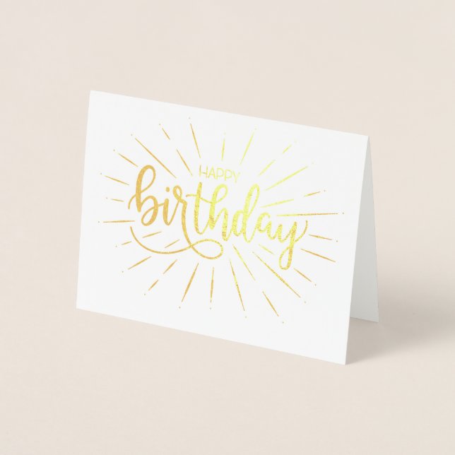 Trendy Minimalist Lettering Birthday Gold Rays Foil Card (Front)