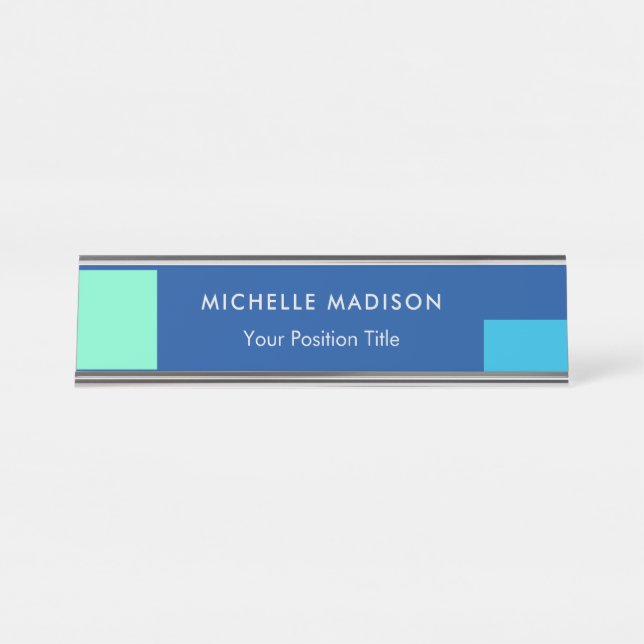 Trendy Minimalist Modern Blue Desk Name Plate (Front)