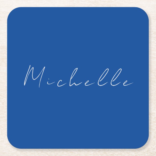 Trendy Minimalist Modern Handwritten Blue Square Paper Coaster (Front)