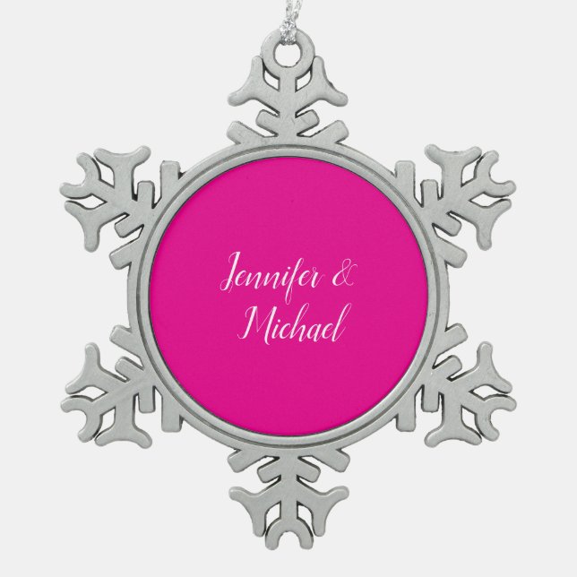 Trendy Minimalist Modern Plain Simple Hot Pink Snowflake Pewter Christmas Ornament (Front)