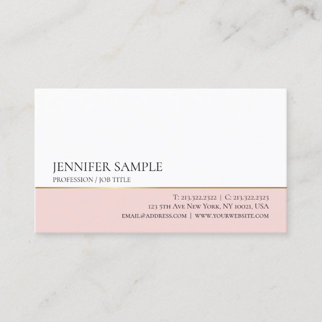 Trendy Minimalistic Stylish Pink Gold White Modern Business Card (Front)