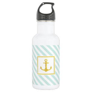 Trendy Mint Blue Pattern Golden Anchor 532 Ml Water Bottle