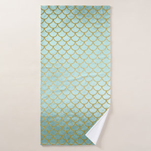 Trendy Mint Gold Glitter Mermaid Scales Bath Towel Set