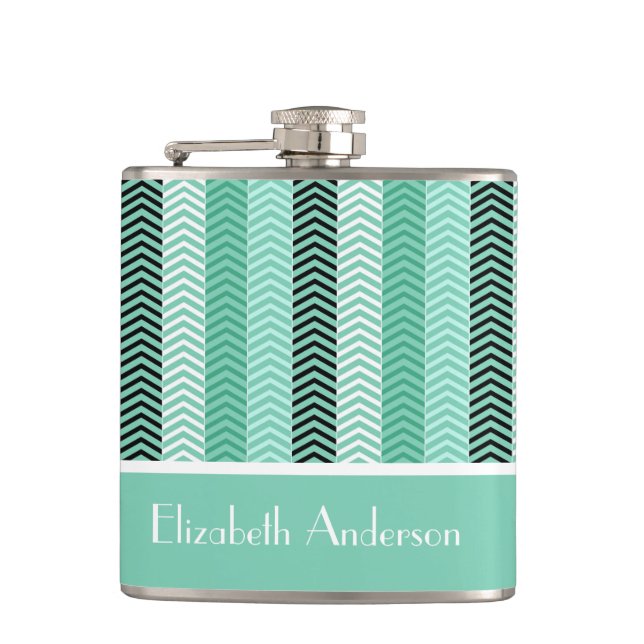 Trendy Mint Green Chevron Stripes With Name Hip Flask (Front)