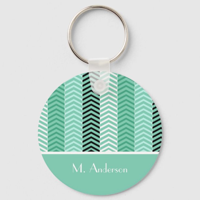Trendy Mint Green Chevron Stripes With Name Key Ring (Front)