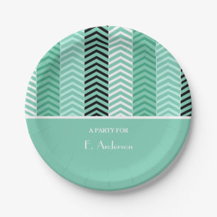 Trendy Mint Green Chevron Stripes With Name Paper Plate