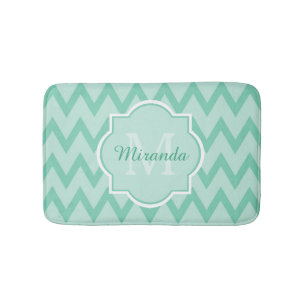 Trendy Mint Green Chevron Zigzag Name and Monogram Bath Mat