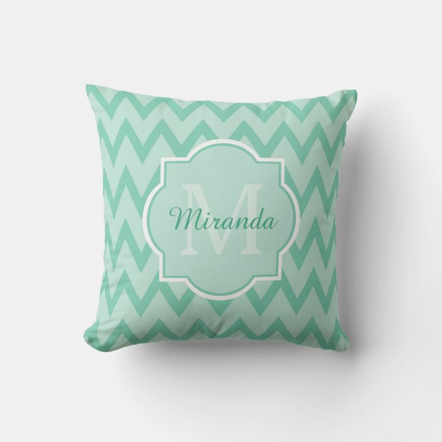 Trendy Mint Green Chevron Zigzag Name and Monogram Cushion (Front)
