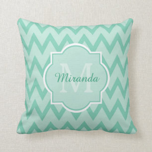 Trendy Mint Green Chevron Zigzag Name and Monogram Cushion