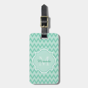 Trendy Mint Green Chevron Zigzag Name and Monogram Luggage Tag