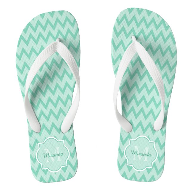 Trendy Mint Green Chevron Zigzag Name and Monogram Thongs (Footbed)