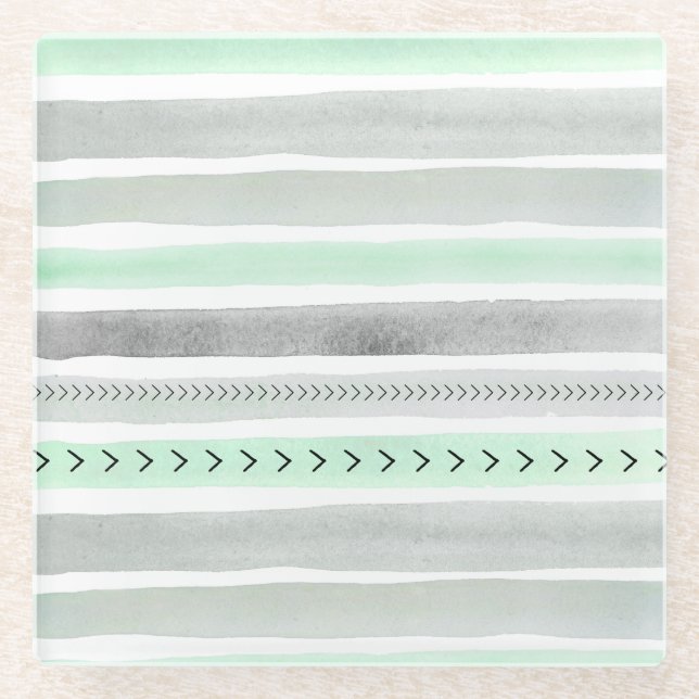 Trendy Mint Green Paint Stripes Pattern Glass Coaster (Front)