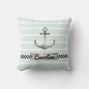 Trendy Mint Green Stripes and Watercolor Anchor Cushion