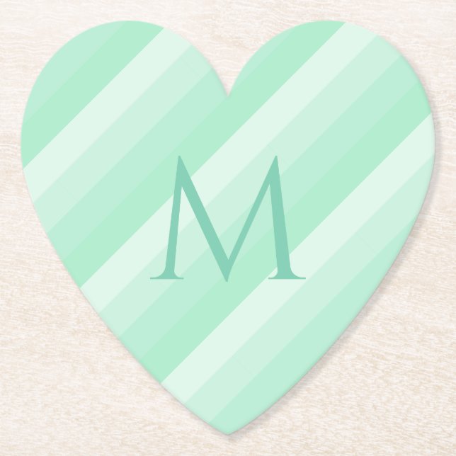 Trendy Mint Green Stripes Modern Monogram Template Paper Coaster (Front)