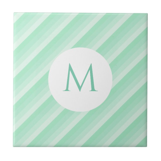 Trendy Mint Green Stripes Monogram Modern Template Ceramic Tile (Front)