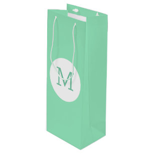 Trendy Mint Green White Monogram Elegant Template Wine Gift Bag