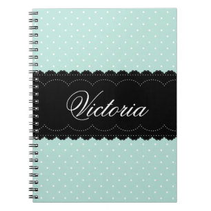 Trendy Mint Polka Dots Black Custom Name Design Notebook