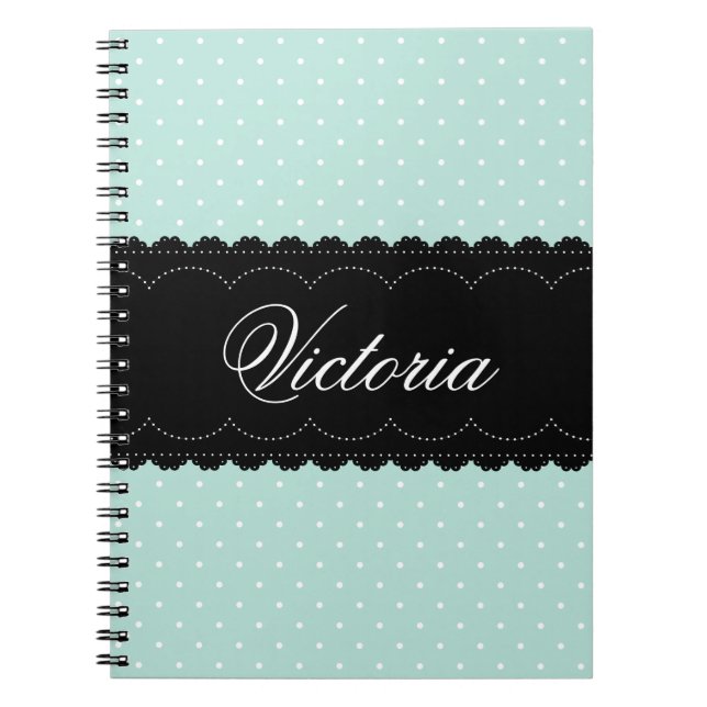 Trendy Mint Polka Dots Black Custom Name Design Notebook (Front)