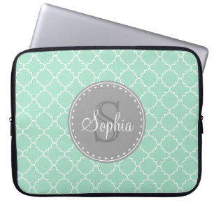 Trendy Mint Trellis Pattern Grey Monogram Laptop Sleeve