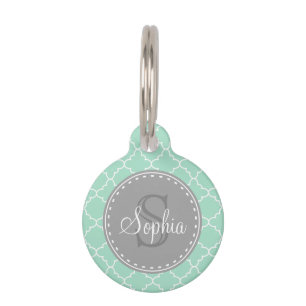 Trendy Mint Trellis Pattern Grey Monogram Pet Tag