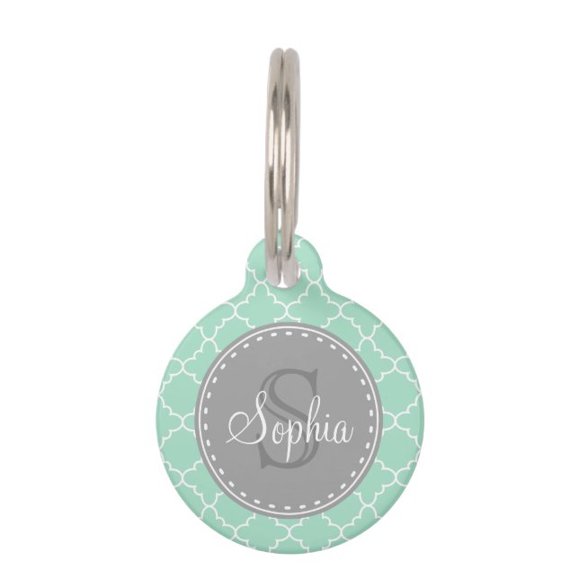 Trendy Mint Trellis Pattern Grey Monogram Pet Tag (Front)