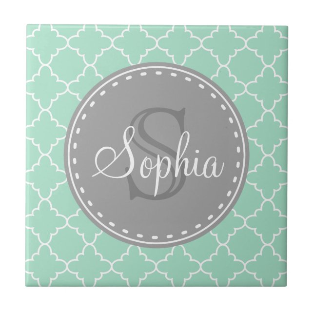 Trendy Mint Trellis Pattern Grey Monogram Tile (Front)
