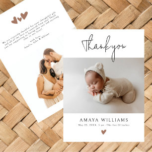 Trendy Mocha Hearts 2 Photo Modern Baby Shower Thank You Card